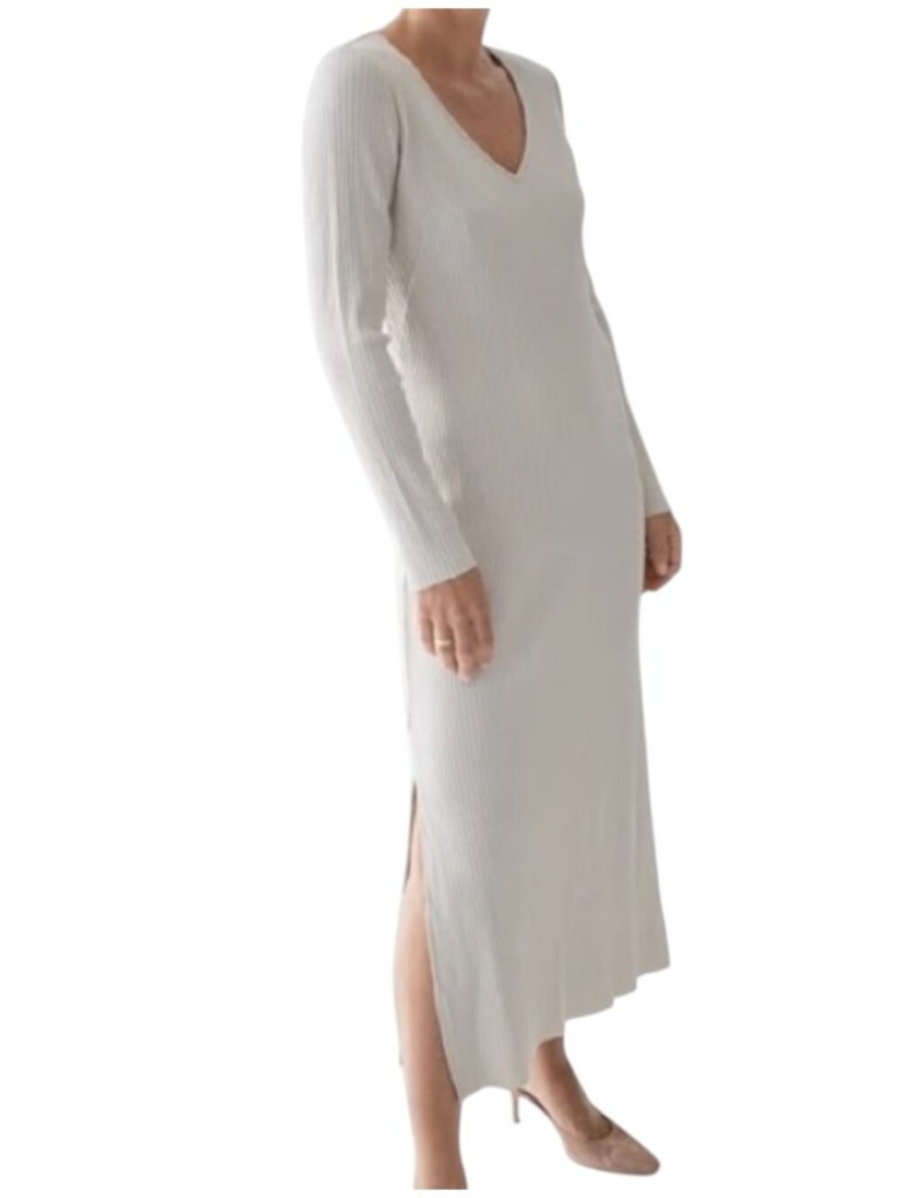 AYR The Babe Champagne Long Sleeve Ribbed V Neck Maxi Dress
